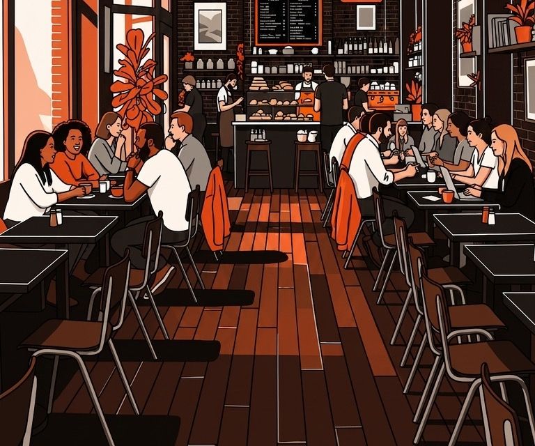 Illustration of a busy café with small groups talking at tables.